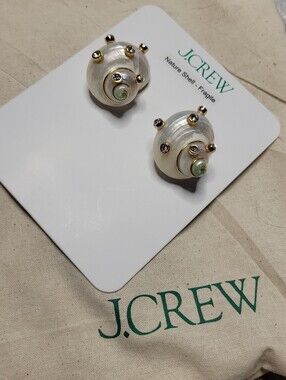 Nwt & Pouch J. Crew Natural Pearl Shell Stud Earrings with Crystal Gold Accents